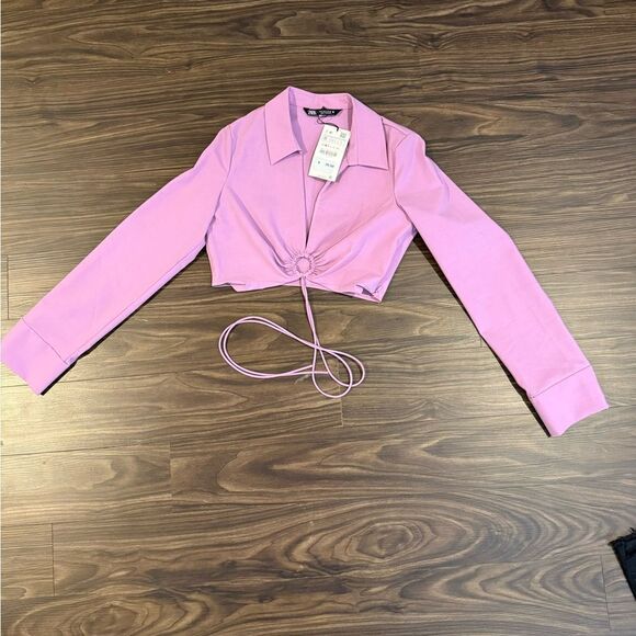 NWT Zara Pink Notched Collar Tie Front Crop Top - Picture 1 of 4